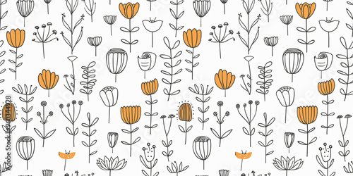 A simple and elegant floral pattern featuring hand-drawn flowers in yellow and orange hues on a white background.