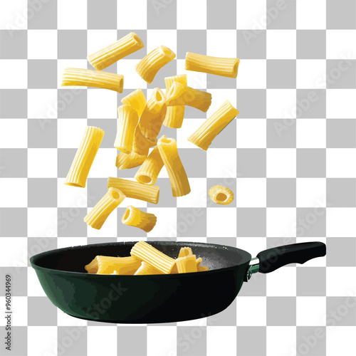 Realistic Vector Illustration of Flying Pasta Rigatoni with Black Plate for Food and Culinary Design