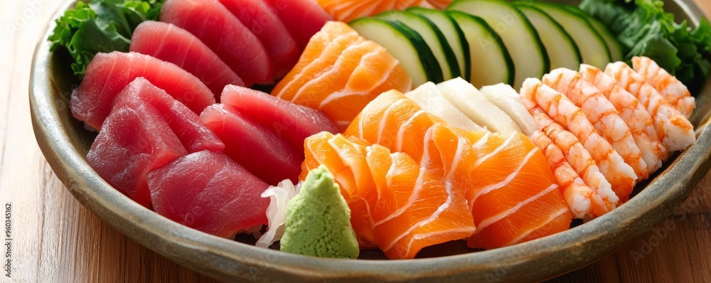 A platter of sushi sashimi featuring fresh cuts of tuna, salmon, and yellowtail, served with wasabi and pickled ginger
