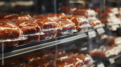 vacuumsealed meat packages in grocery store display highlighting modern food preservation and consumer convenience product photography photo