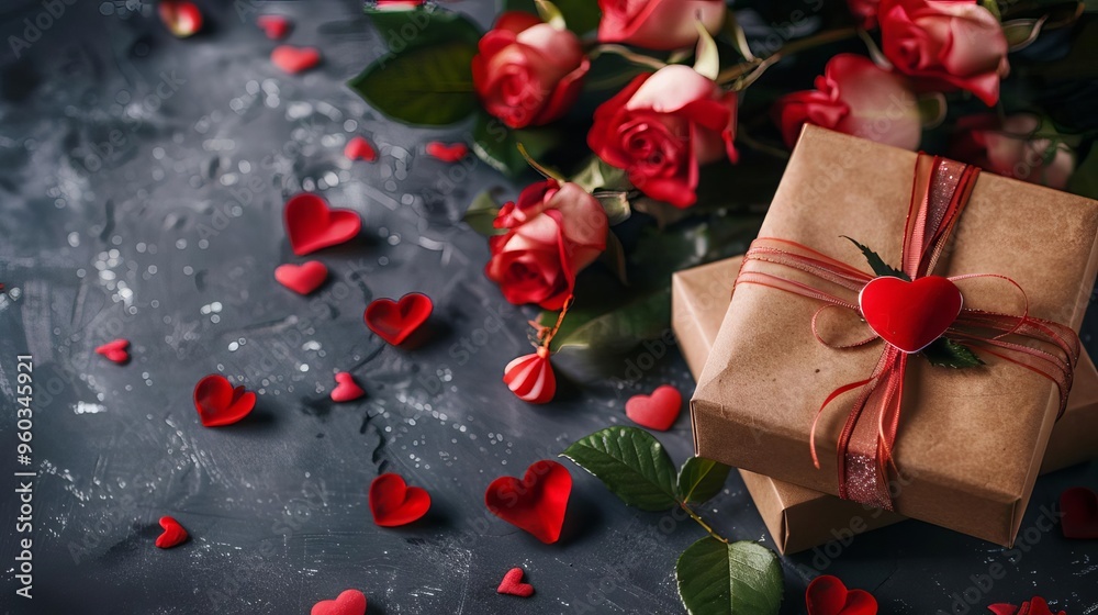valentines day banner poster with gift box and bouquet of roses copy space