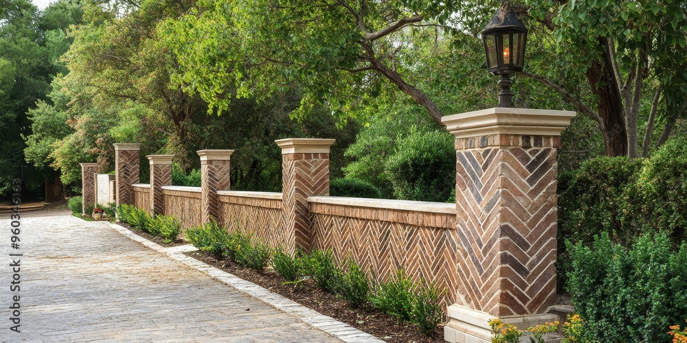 Brick wall with a walkway and lush greenery. Brick wall with a walkway and lush greenery.