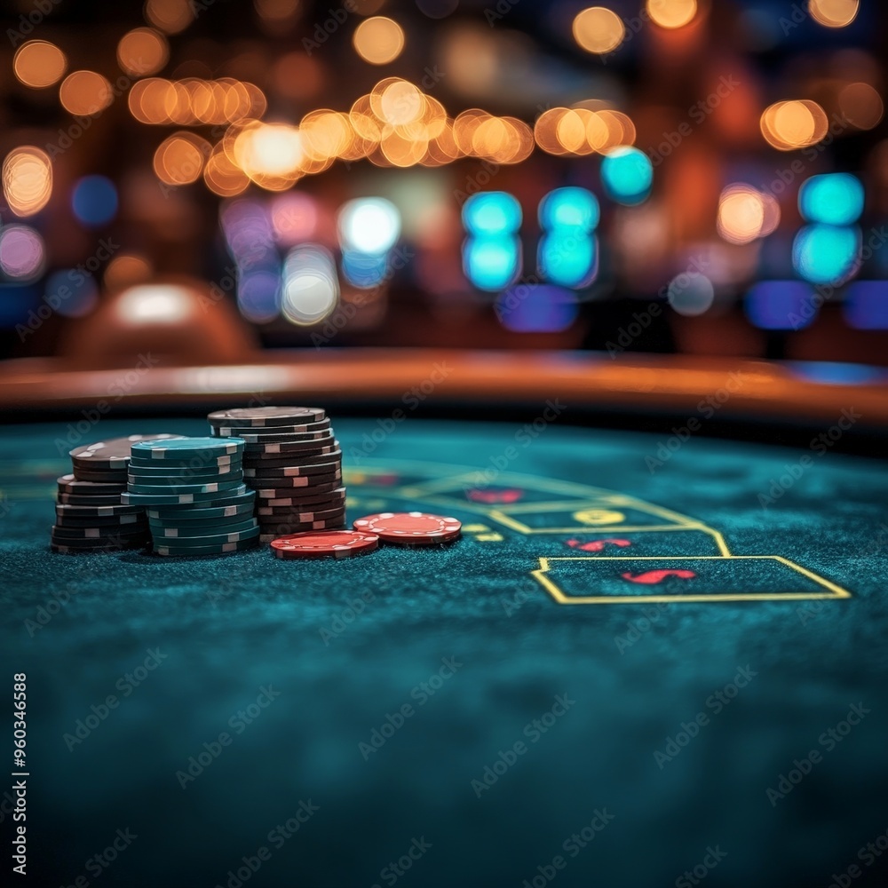 Close-Up of green Table with Blurred Casino Background Close-Up of green Table with Blurred Casino Background