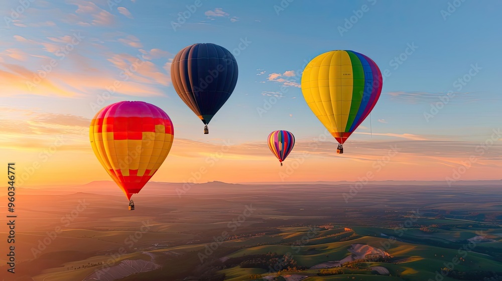 Obraz premium A stunning skyline at sunset with colorful hot air balloons soaring above lush green landscapes and gentle hills.