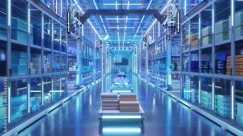 Fototapeta premium vast warehouse interior with towering shelves robotic arms organizing colorful packages futuristic conveyor systems and holographic inventory displays in a soft blue light