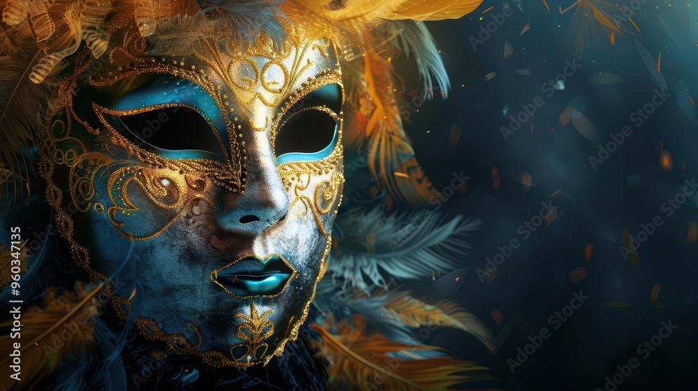 venetian carnival mask with gold and feathers on dark background masquerade party concept digital illustration venetian carnival mask with gold and feathers on dark background masquerade party concept digital illustration