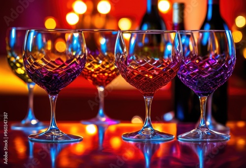 vibrant reflections captivating wine glasses colorful surface creating stunning visual display, beverage, light, texture, shine, beauty, design, pattern