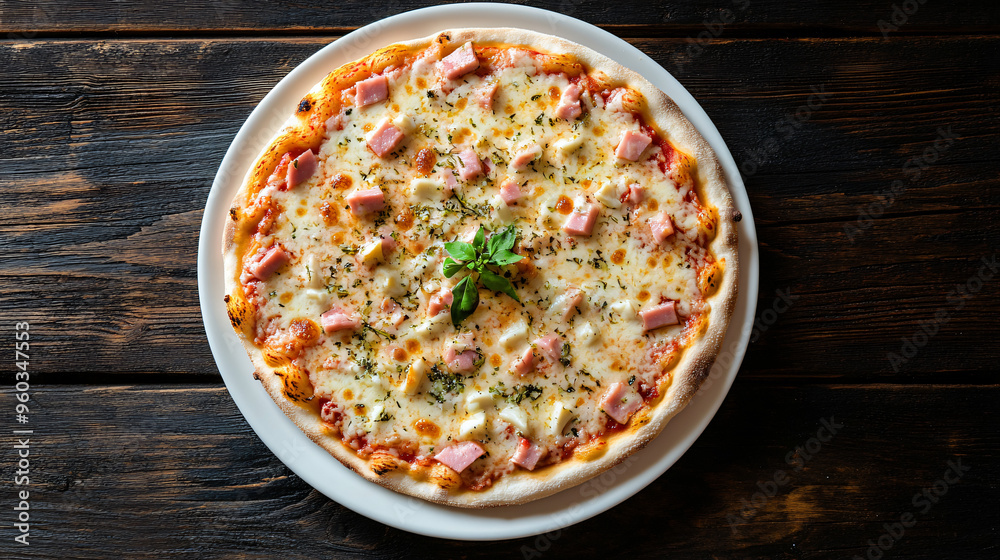 Delicious pizza topped with mozzarella, ham, and basil leaves served on a white platter
