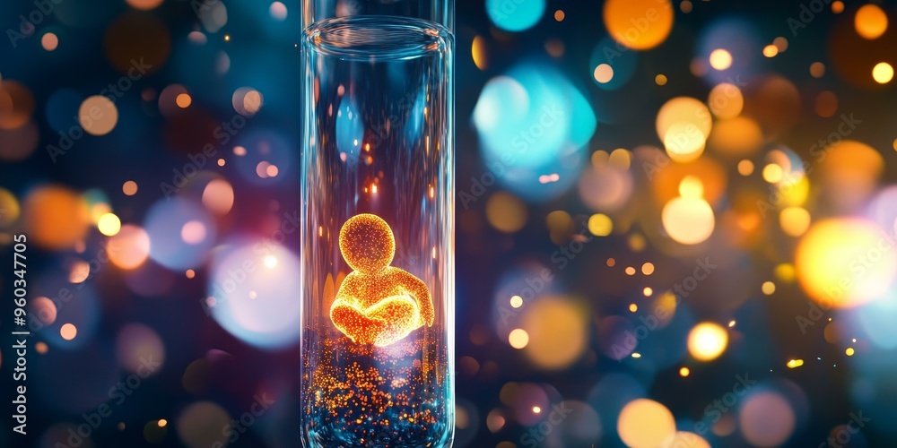 A glowing person trapped in a glass tube. A glowing person trapped in a glass tube.