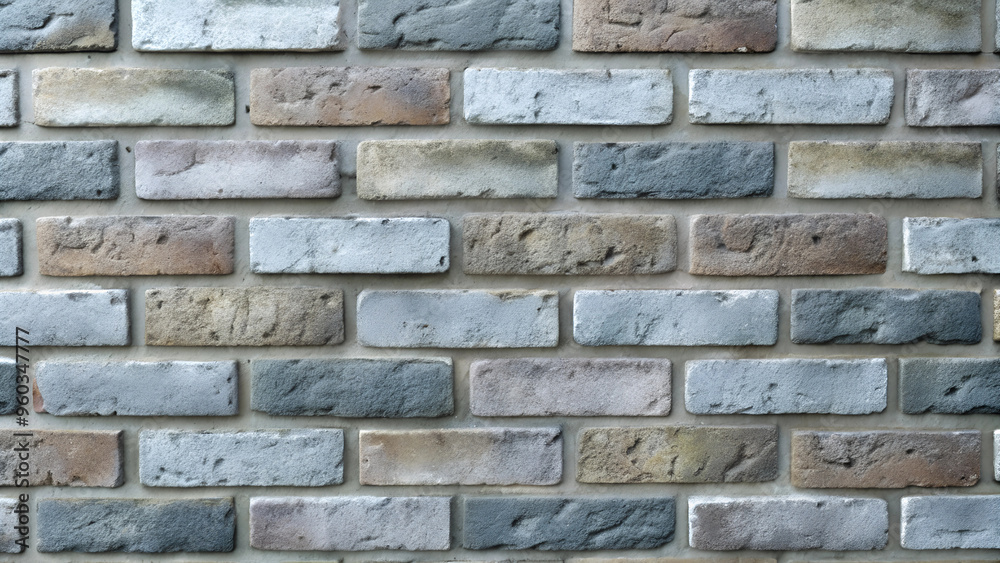 Textured brick wall with a blend of gray and beige tones, featuring a weathered finish illuminated by soft light
