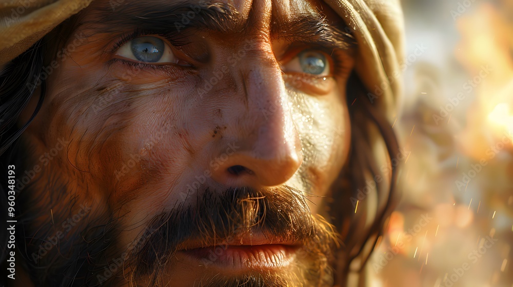A close-up of a blind man’s face as his eyes open and light pours in, capturing the split-second transformation from blindness to sight, the background a swirling mix of light and colors,