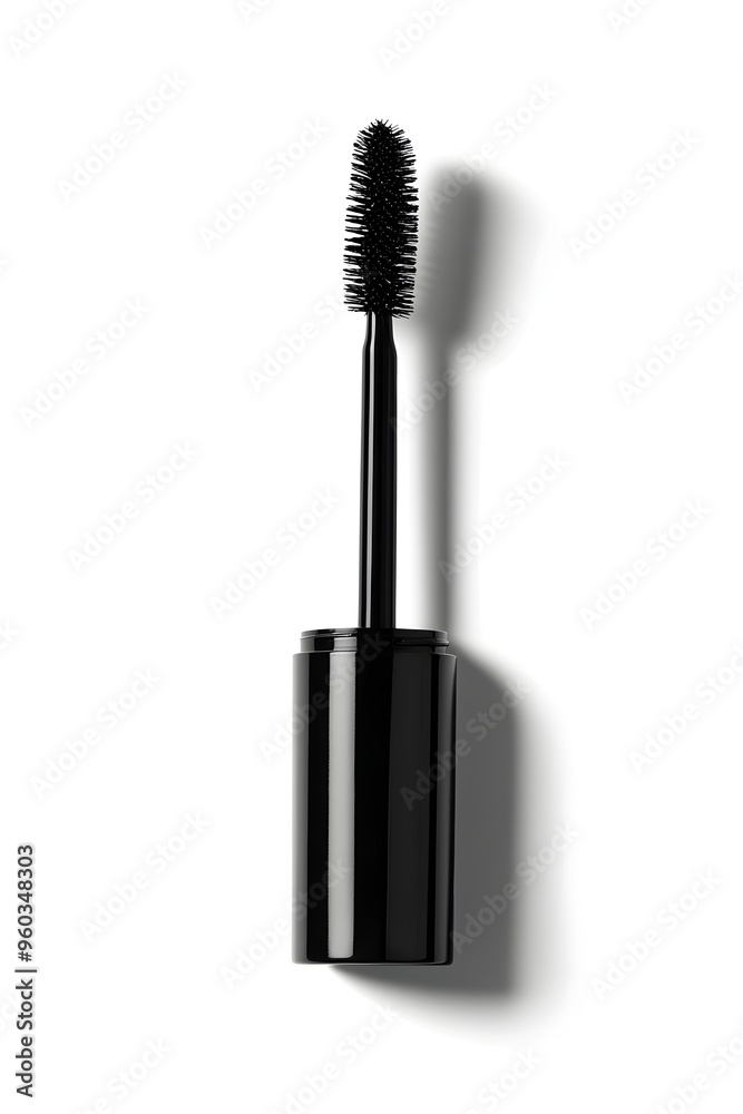 Classic Black Mascara Tube with Volumizing Brush on White Background Classic Black Mascara Tube with Volumizing Brush on White Background