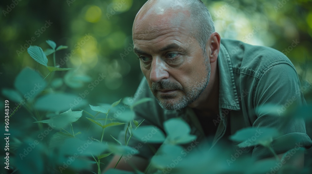 A man crouches in a lush forest, attentively observing green plants, showcasing his focus on exploring nature. A man crouches in a lush forest, attentively observing green plants, showcasing his focus on exploring nature.