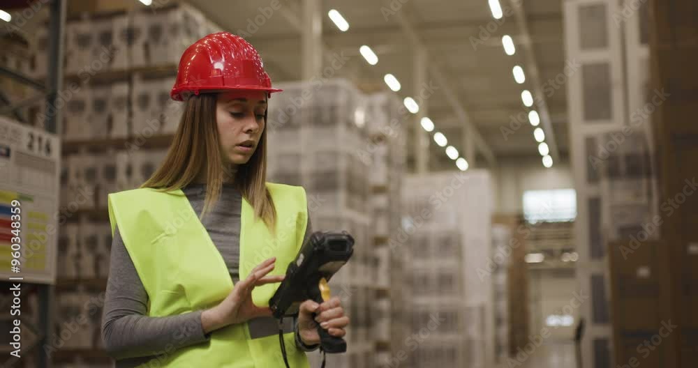Warehouse worker using a scanner to track inventory in a large storage facility. Woman wearing hard hat and safety vest ensuring efficient logistics and stock management. Warehouse worker using a scanner to track inventory in a large storage facility. Woman wearing hard hat and safety vest ensuring efficient logistics and stock management.
