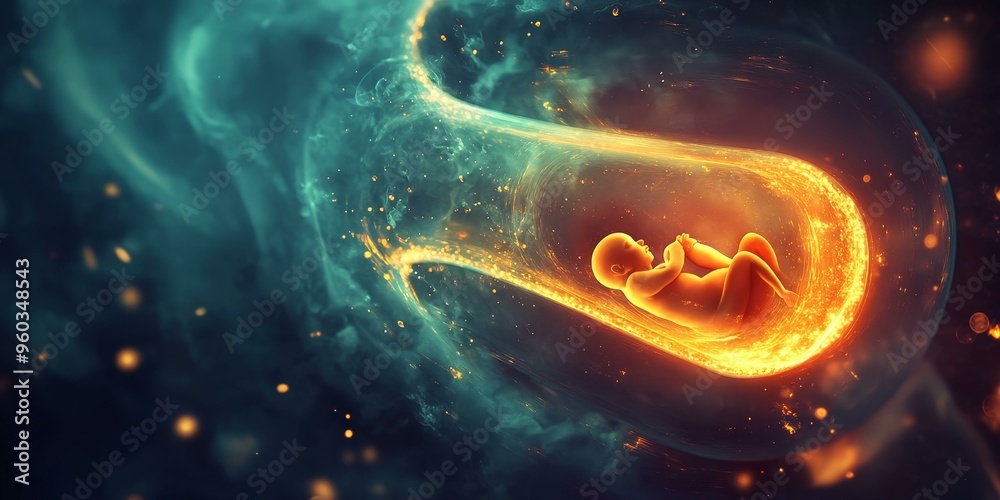 Obraz premium A baby fetus in a glowing cosmic womb.