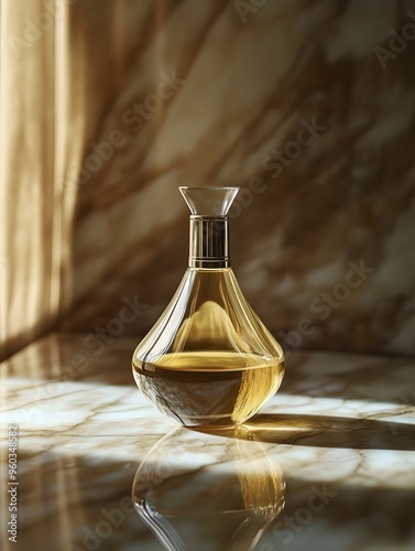 Luxurious Gold Infused Body Oil Bottle on Polished Marble Surface photo