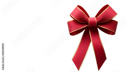 Elegant red bow with golden edges isolated on white background, perfect for gift wrapping, decoration, and festive occasions.