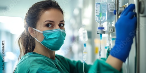 Nurse carefully changing IV fluids in modern hospital
