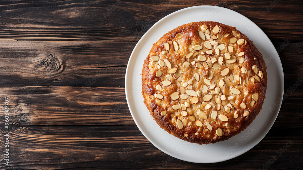 Almond-topped round cake on white plate resting on wooden table Almond-topped round cake on white plate resting on wooden table