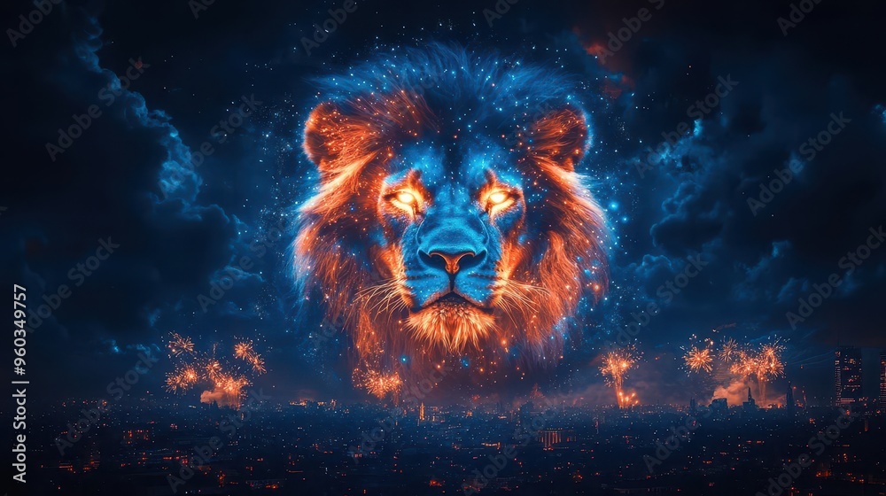 drone light show forming a majestic lions face in the night sky above a cityscape fireworks bursting in the background drone light show forming a majestic lions face in the night sky above a cityscape fireworks bursting in the background
