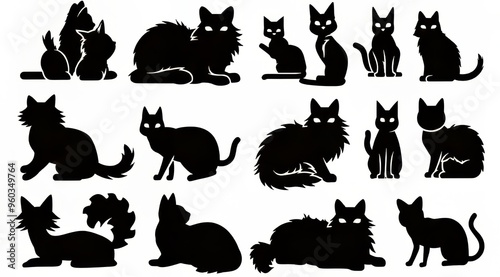 Silhouettes of various cat breeds in playful poses. photo