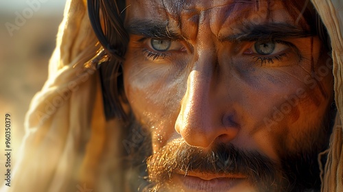A powerful moment of transformation where a blind man’s eyes open for the first time, light pouring into his vision, the background a dynamic blend of motion and light,