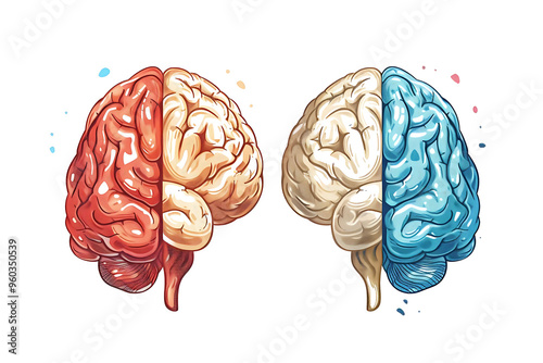 Left Brain vs Right Brain: A vibrant, artistic representation of the human brain, split to showcase the analytical vs. creative hemispheres in contrasting colors. 