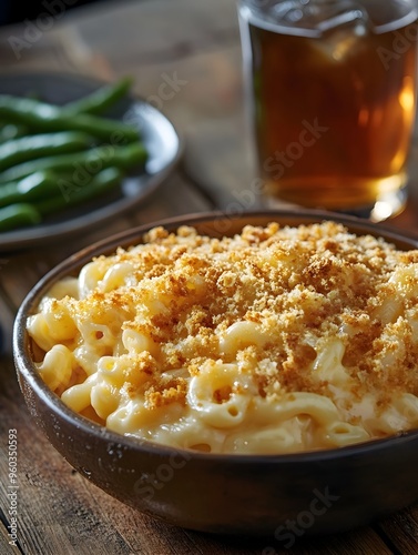 Comforting Homemade Mac and Cheese with Melted Cheese and Crispy Breadcrumbs on a Rustic Wooden Table