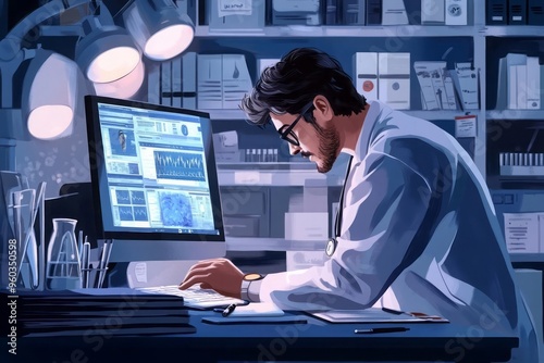 Doctor, modern lab, analyzing data, computer screen, medical books, research papers, evidence-based medicine, charts, graphs photo