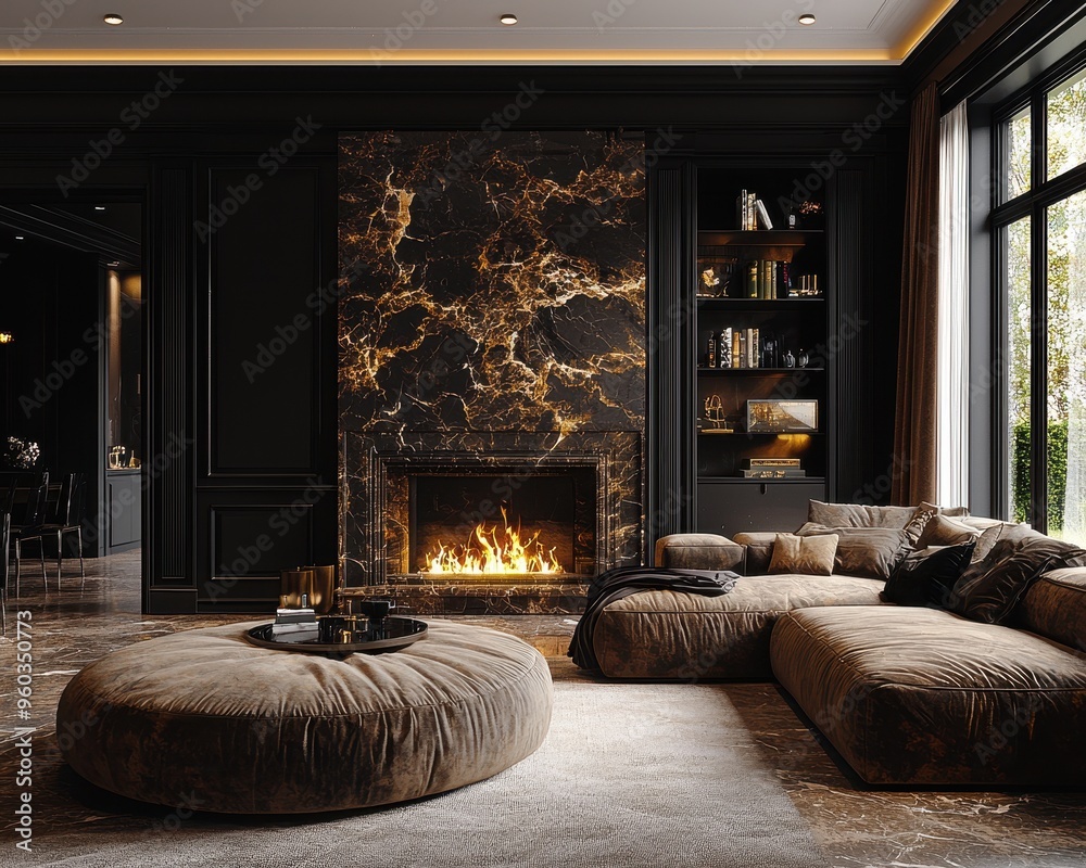 Opulent Dark Glamour: Luxurious Living Room with Marble Fireplace, Gold Accents, and Champagne Sofa Opulent Dark Glamour: Luxurious Living Room with Marble Fireplace, Gold Accents, and Champagne Sofa