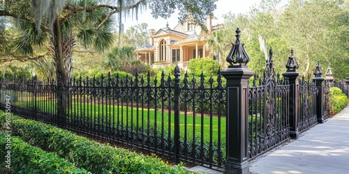 Ornate black iron fence encloses lush greenery.