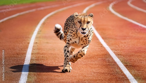 A sleek cheetah sprinting across a track field, with a dynamic, multicolored background that emphasizes speed and motion