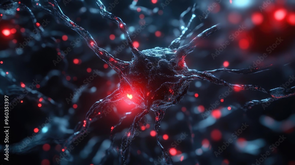 Stunning close-up of a neuron with glowing connections, showcasing the beauty of cellular communication in the nervous system. Stunning close-up of a neuron with glowing connections, showcasing the beauty of cellular communication in the nervous system.