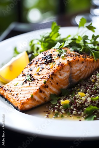 Grilled Salmon with Quinoa Salad and Citrus Vinaigrette on Modern Sleek Plate photo