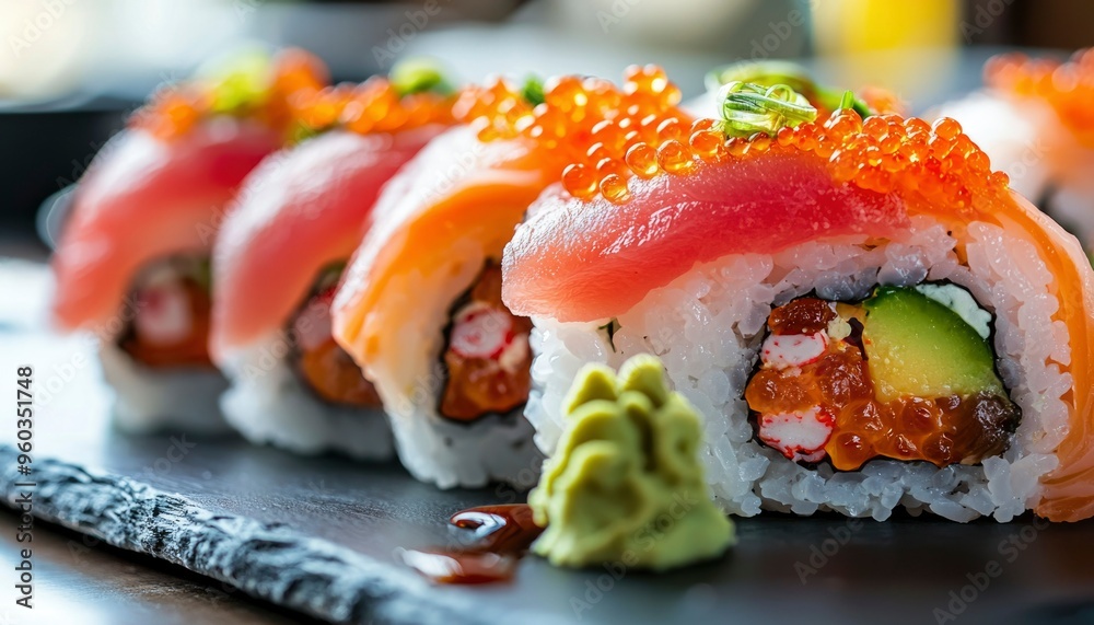 Close-up of Sushi Rolls with Red Tuna, Salmon, and Caviar Close-up of Sushi Rolls with Red Tuna, Salmon, and Caviar