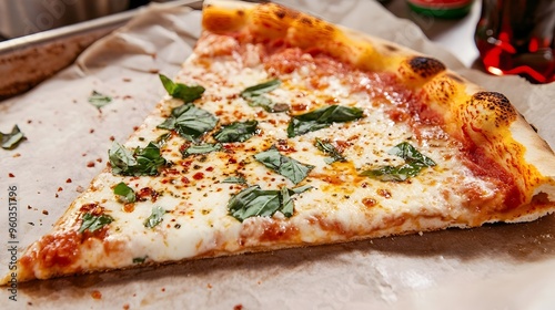 Mouthwatering New York Style Pizza Slice on Parchment Tray with Seasonings and Beverage