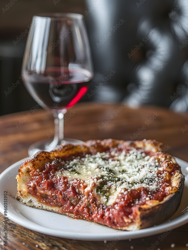 Indulgent Chicago Style Deep Dish Pizza on Wooden Table with Wine and Parmesan Indulgent Chicago Style Deep Dish Pizza on Wooden Table with Wine and Parmesan