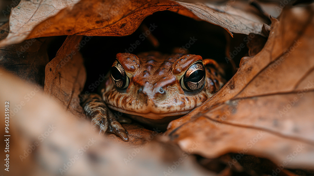 Obraz premium Close-Up of a Toad Hiding in Leaves