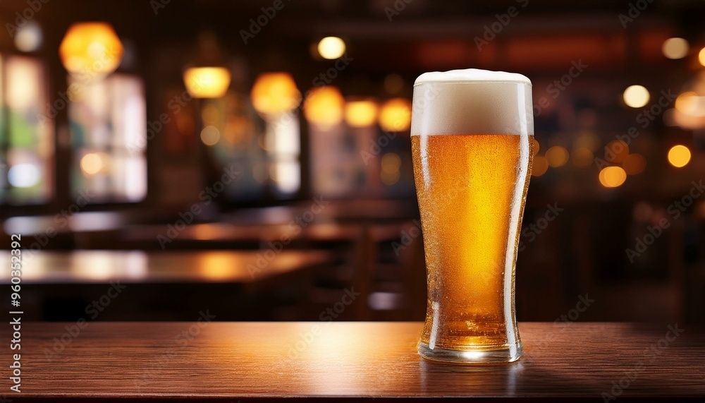 A glass of beer on the table in a pub A glass of beer on the table in a pub