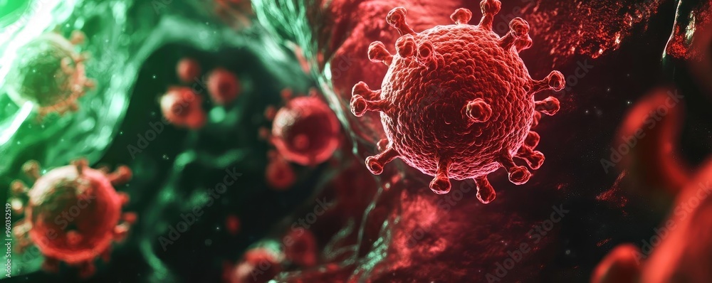 Close-up view of a virus depicted in vibrant colors, showcasing intricate details and textures of its surface structure. Close-up view of a virus depicted in vibrant colors, showcasing intricate details and textures of its surface structure.