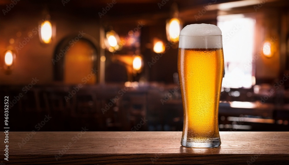 A glass of beer on the table in a pub A glass of beer on the table in a pub