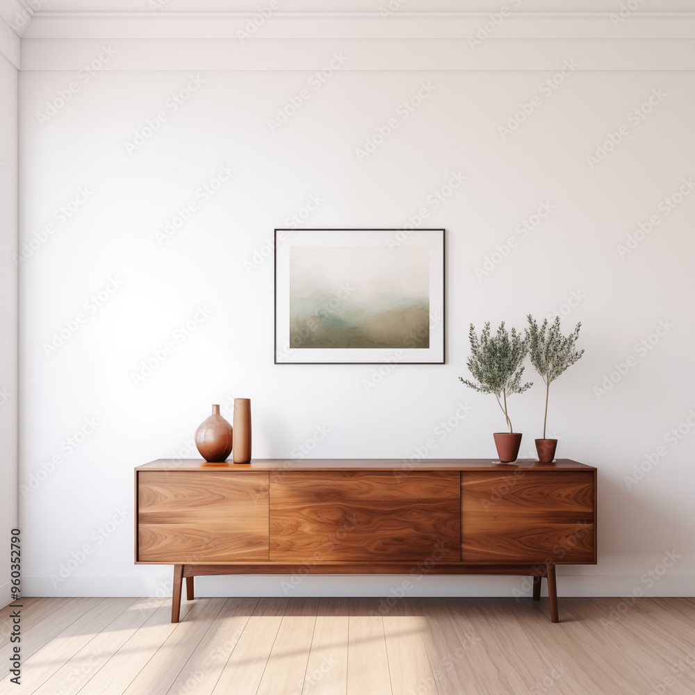 Mid Century Modern Wooden Cabinet with Abstract Artwork Mid Century Modern Wooden Cabinet with Abstract Artwork