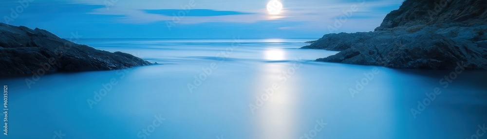 A quiet river flowing under a moonlit sky, creating a sense of peace through the calming rhythms of nature with moonlight refle