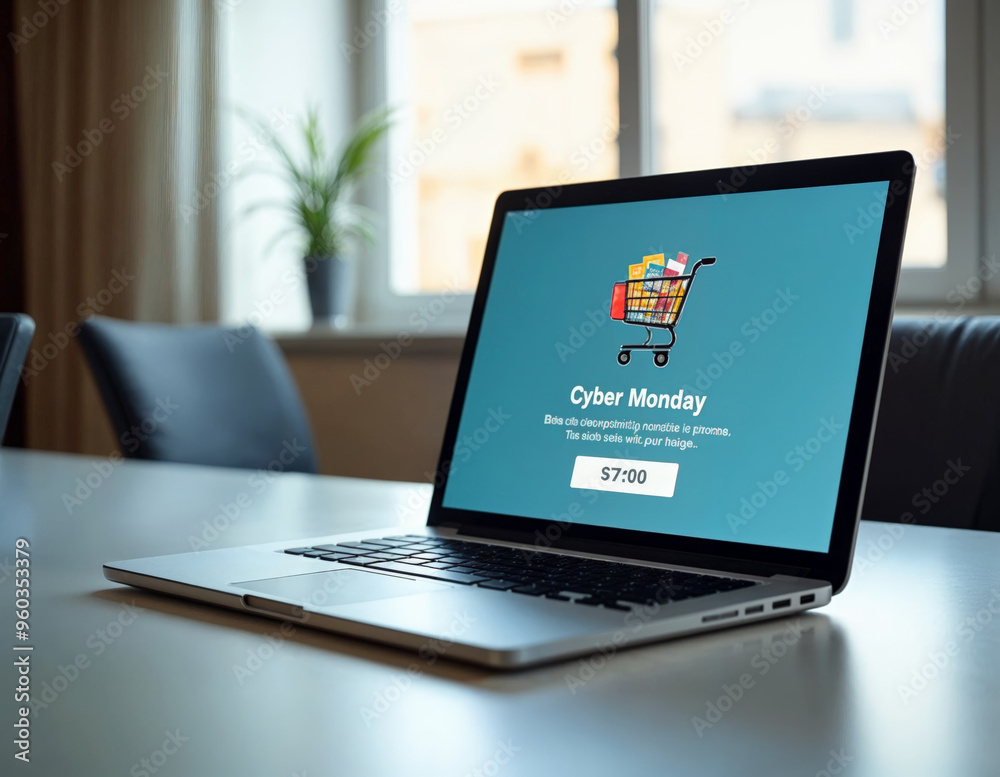 a laptop screen that says cyber monday open to a store on the screen with a shopping cart icon a laptop screen that says cyber monday open to a store on the screen with a shopping cart icon