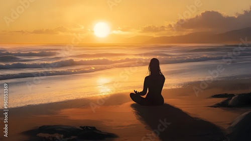 Woman Meditating at Sunrise Beach with Serene Ocean Waves and Tranquil Surroundings