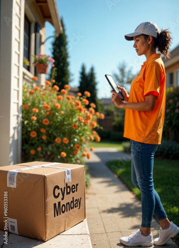 a delivery woman in an orange shirt is holding a tablet while standing in front of a house with a box and a cyber monday label on it