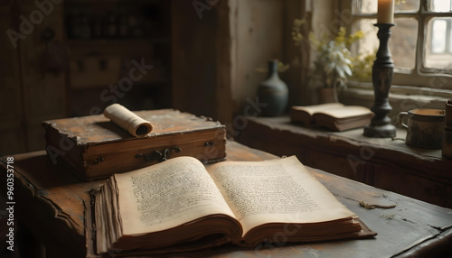 Wallpaper Mural Old Books and Scrolls on a Wooden Table Torontodigital.ca