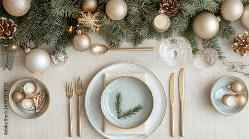 Christmas table setting. A beautifully arranged holiday dining table features elegant plates, gold utensils, and a lush green centerpiece adorned with ornaments and twinkling lights.