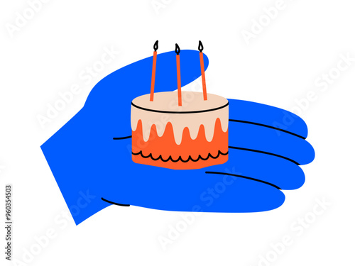 Hand drawn cute cartoon illustration birthday cake on arm. Anniversary pie. Flat vector celebration party dessert with hand doodle style. Invitation sweet food icon or print. Holiday event. Isolated.