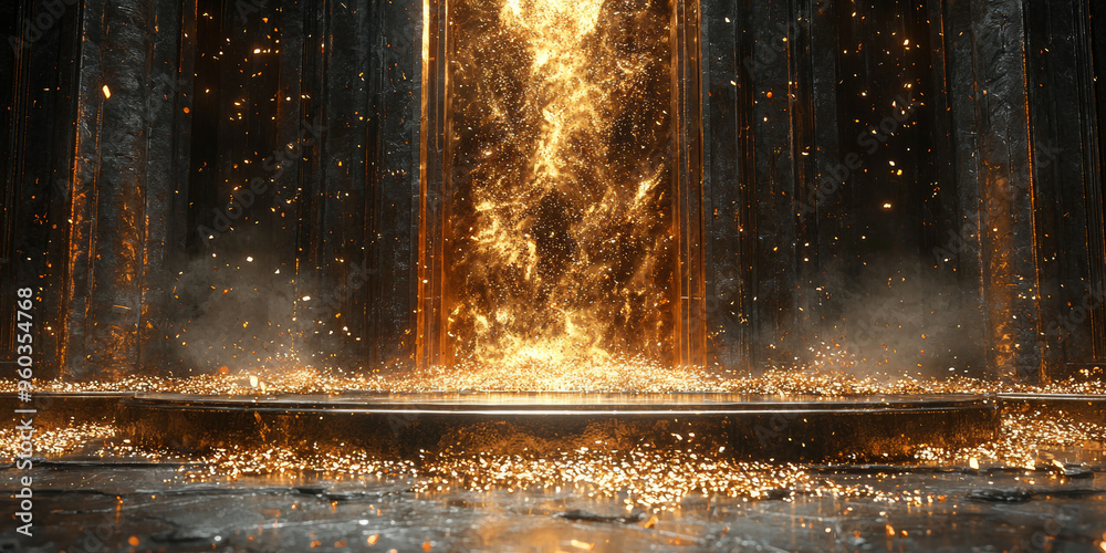 A golden, magical gateway opens to a mysterious realm, with sparks and smoke swirling around. A golden, magical gateway opens to a mysterious realm, with sparks and smoke swirling around.